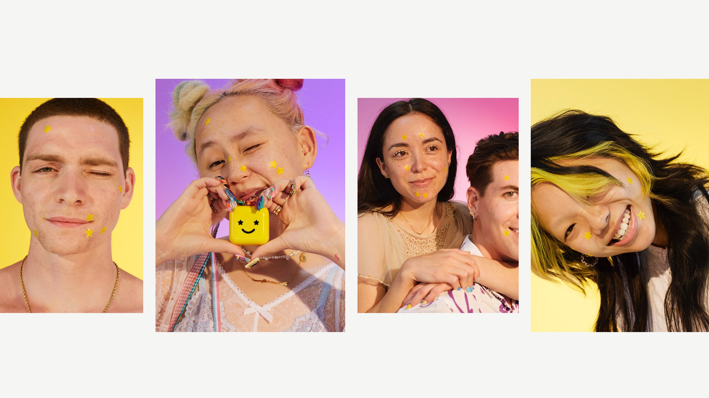 Four Starface campaign portraits of models wearing yellow Hydro-Star patches on their faces, one holding the yellow smiley compact, on yellow, purple and pink backdrops