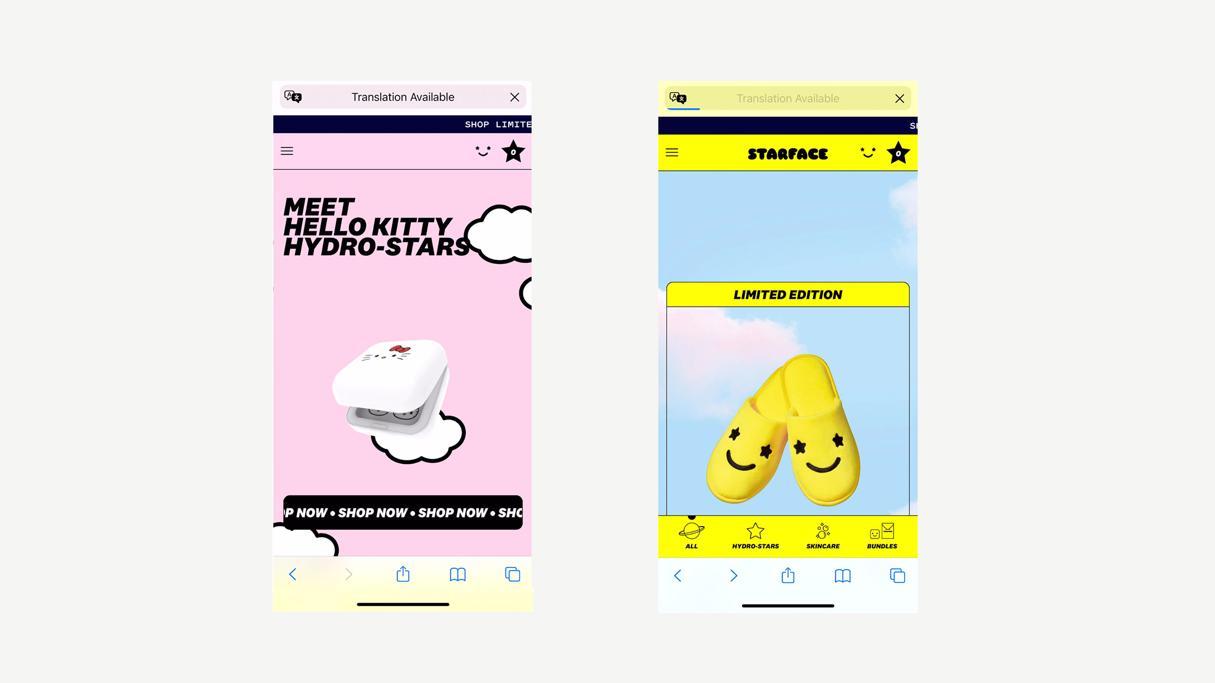 Starface mobile website screens: a Hello Kitty Hydro-Stars launch page on pink, and the yellow Starface shop navigation with limited-edition smiley slippers