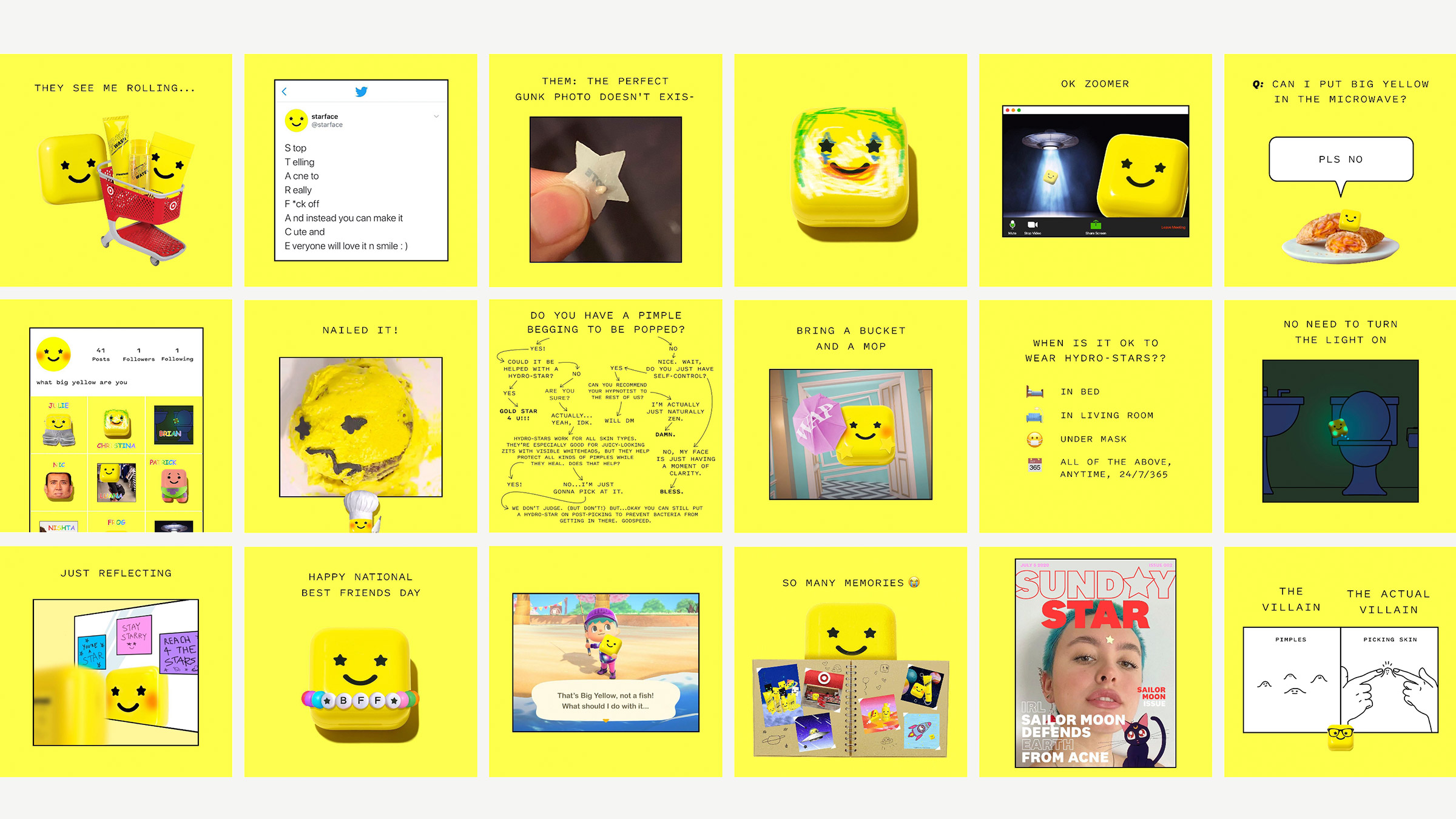 Grid of Starface social posts on yellow backgrounds featuring Big Yellow, the brand's smiley compact character, in memes, tweets and illustrated scenes
