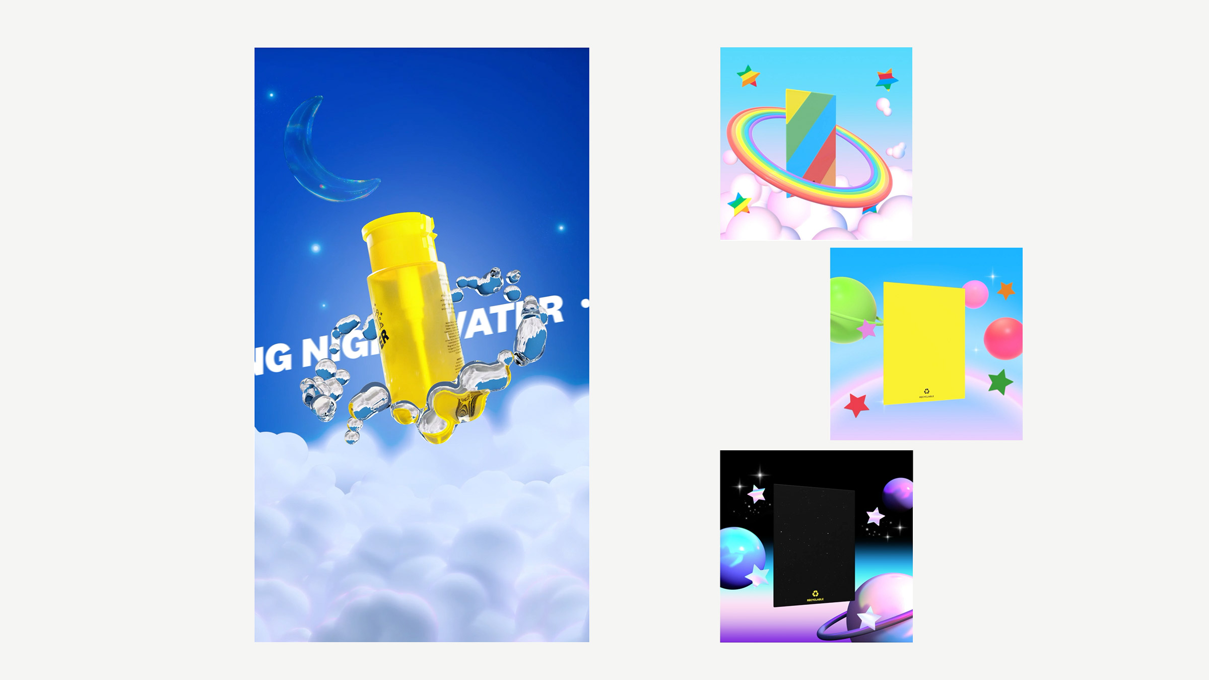 Starface product and packaging renders: a yellow Night Water bottle floating among clouds, and recyclable cartons surrounded by rainbows, planets and stars