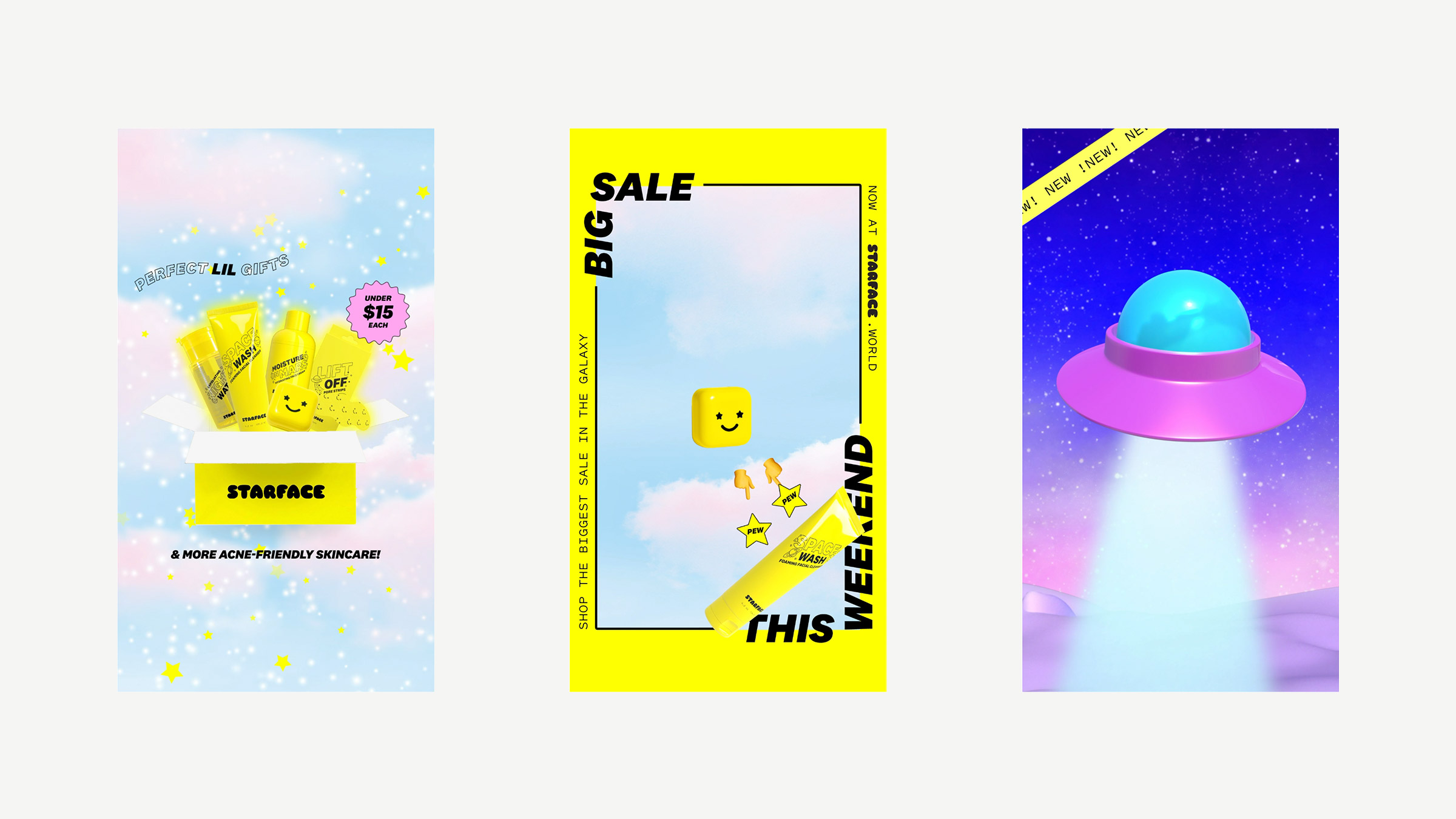 Three Starface ad creatives: a gift box of yellow skincare products under $15, a Big Sale This Weekend layout with the smiley compact, and a UFO beaming light over a pink landscape