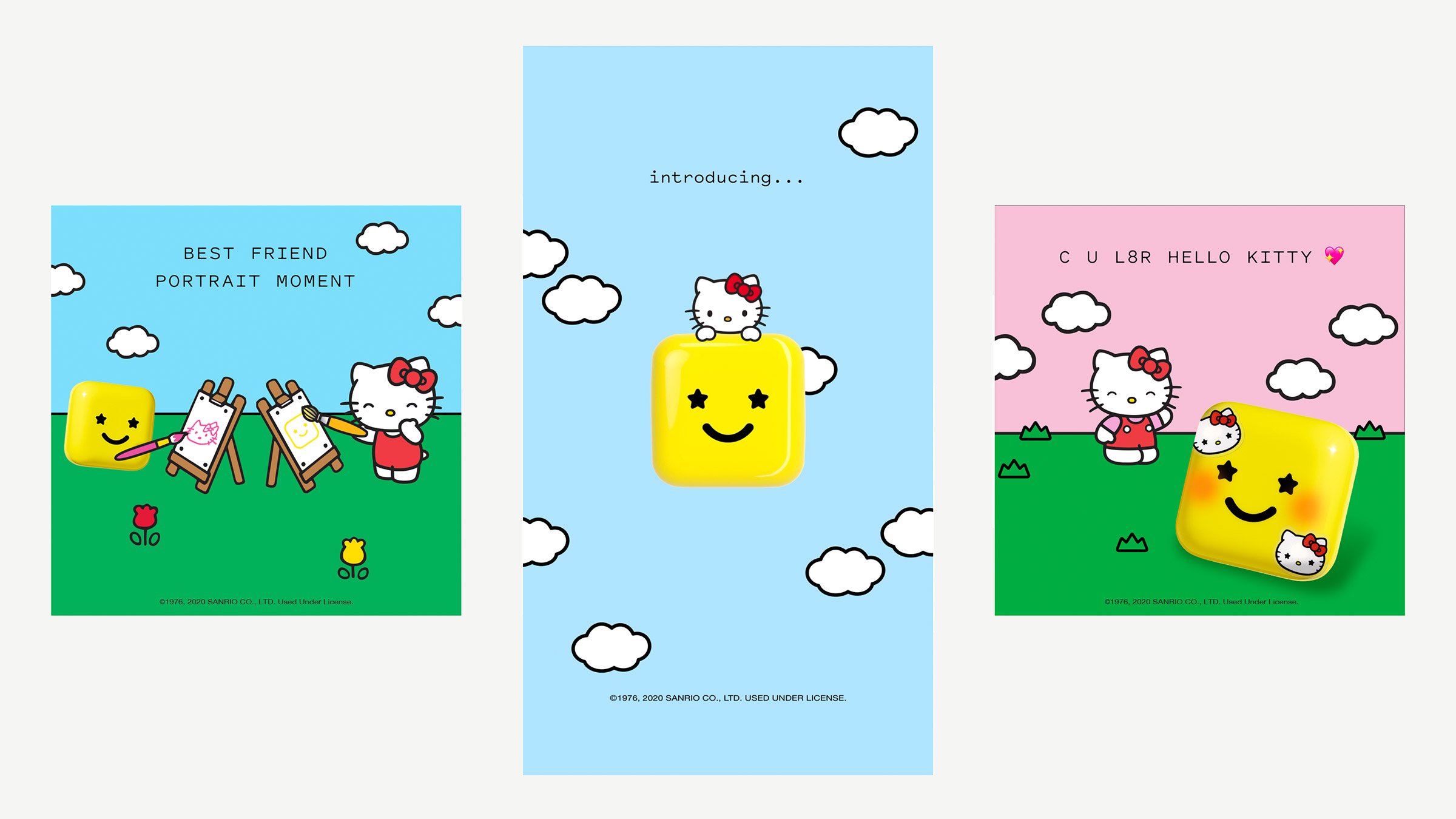 Hello Kitty x Starface collaboration social posts: Big Yellow painting portraits with Hello Kitty, an introducing teaser, and the compact wearing Hello Kitty patches