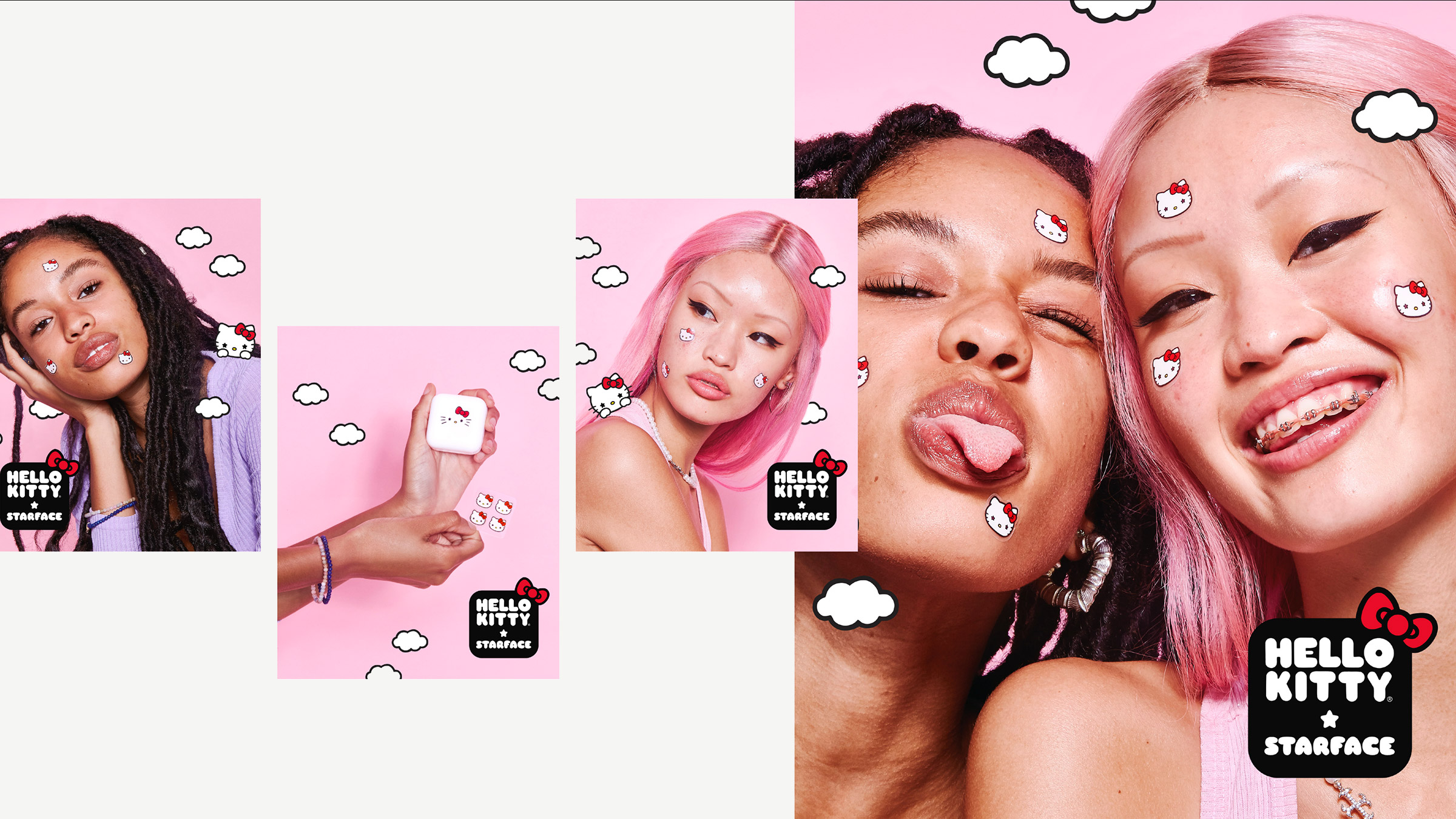 Hello Kitty x Starface campaign photography: models wearing Hello Kitty-shaped pimple patches on pink backgrounds, with the co-branded logo lockup